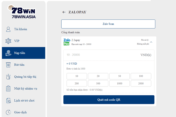 Ví điện tử ZaloPay cũng là phương thức nạp tiền chính mà 78win đang hỗ trợ